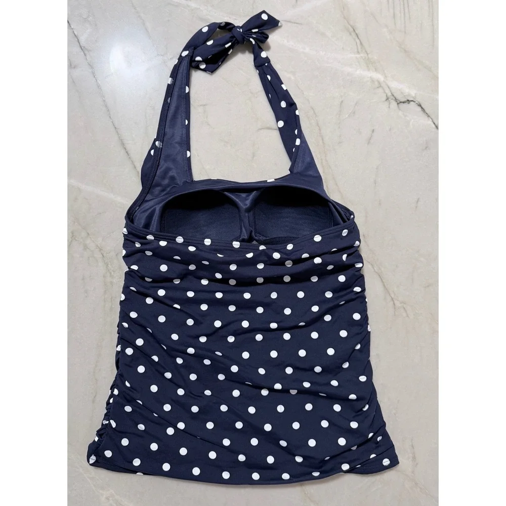 Lands End Navy Blue Polka Dot Halter Tankini Top Ruched Swimwear Womens Size 6